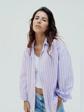Zara Lavender & White Striped Oversized Button-Up Shirt | Size S